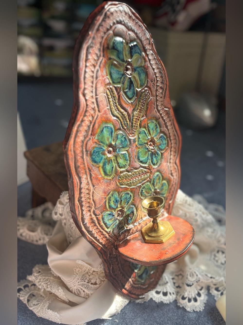 Ancient Copper Pottery Wall Sconce with Romanian style Lace Texture